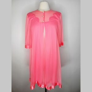 Vtg LORRAINE Hot Pink Peignoir Sz M Half Sleeve Baby doll Semi Sheer 60s Retro